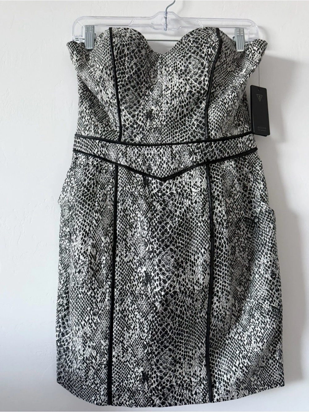 Guess Strapless Black & White Snake-Print mini Sheath Dress